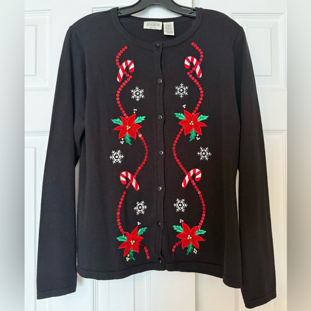 Classic Elements Christmas Buttoned Sweater Poinsettia Candy Cane Holiday Top